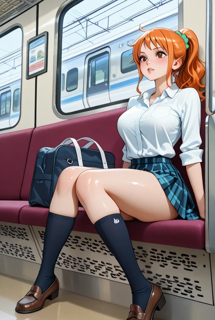 Brown-haired schoolgirl、Green skirt、light blue cardigan、Semi-long hair、Blue headphones、Black stockings、red blush、embarassed face、Black sheer lace panties、(pussy juice)、Camel hoof、no bra、Legs are thin、On the train、Solo