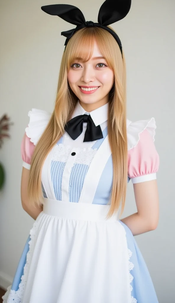 (((European Caucasian Woman)))、(((Mary, 18 years old)))、one person、(Thin contours、Grey Eye:1.5)、(Thin contours)、Big Breasts、Narrow waist、(((White and translucent skin:1.3)))、Beautiful, shiny blonde medium-long hair、8-head-tall model style、Tokyo cityWear, 1 masterpiece, Highest quality, High resolution, Oh yeah, Long Hair, Twin tails, Maid, Maid headdress, Black Dress, apron, garden, smile, Skirt Hold,