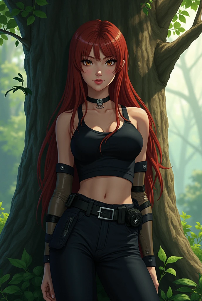 ((best quality)), ((masterpiece)), (detailed), perfect face, 1woman, ((dutch angle)), defined features, older woman, ((late20's)), tall , blood red hair, cold expression, black tank top, fine tone, tan, cargo pants, back ground is a thick forest, long blood ret hair, ((full body art)) arms folded, standing on fallen tree ((8K masterpiece)) ((perfect resolution)), perfect face ((Dutch angle))one woman, blood red hair, long hair blood red, blue eyes, background is night sky, jagged mountains, female, sturdy build, sitting on a rock, one leg up arm resting on arm ((black tank top)) ((gray cargo pants)) defined figure, pale skin black veins defined features dark forest