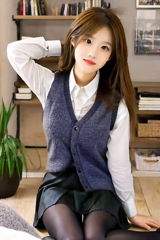 Smile、natta、Bedrooms、Raw photography、(((Ultimate Beauty Portrait)))、((glistning skin))、女の子1人、16 year old beautiful girl in Prague、bright expression、((brown haired))、(Viewer from below)、(Random skirt:1.5)、((Big eyes that shine like jewels))、open cardigan、Open your clothes、Lace panties、panthyhose、Glossy glossy skin、(Medium Hair)、(Silky Twin Tail Hair)、(Sitting on a cushion)、((Show me all my panties))、((Lifted skirt))、panties focus、Detailed lace panty pattern、((Lift your skirt to show your panties to the camera))、((Lift the skirt bigger and bigger、Show your panties to the camera))、open one's legs、eye liner、short claws、Beautiful bangs、Hair between the eyes、((masterpiece、top-quality、ultra-detailliert、Film Light、intricate-detail、hight resolution、ighly detailed))、细致背景、8KUHD、Digital SLR、Soft light、hightquality、Film grain、FujifilmXT3 、Shallow depth of field、natural soft light、Kamimei、Lush bust