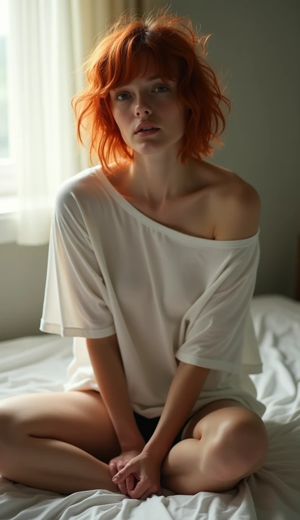 A tall, solitary girl with short red hair and golden eyes, dressed in a white sports jacket, short denim pants, and a black thong. She has curves hips and a small breast, and is barefoot, sitting on a bed in a room