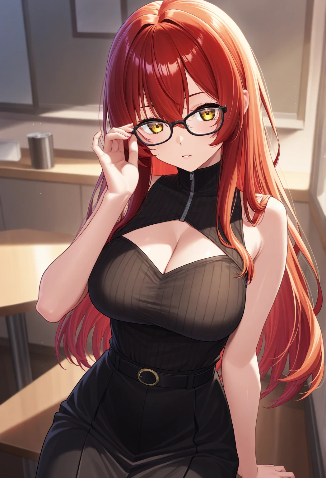 Girl, ponytail hair, orange hair, green eyes, cute girl, glasses, tank top, hotpants, bedroom 