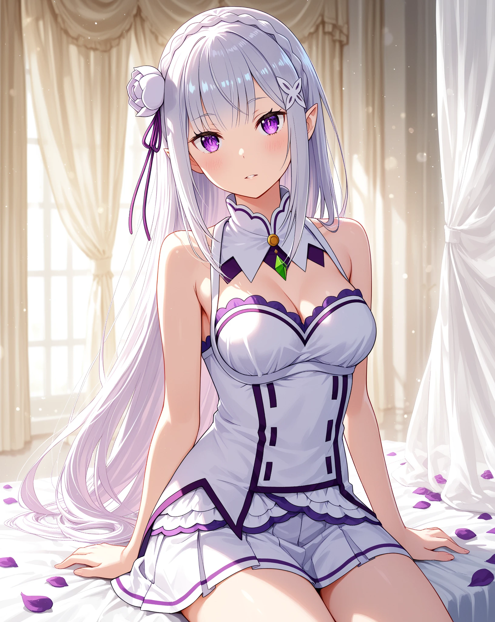 emilia, 
Rezero emilia, 
1girl, perfect anatomy, correct anatomy, detailed beatiful fingers, 
best illustration, masterpiece, best quality, (anime screencap:0.8), (official art:0.7), detailed beautiful face and eyes,  BREAK long hair, low-tied long hair, braid, crown braid, animate, anime keyvisual, white hair, 
(purple eyes:1.2), (beautiful detailed eyes:1.6),
looking at viewer, 
pointy ears,
BREAK smile, 
pink lingerie,lace-trimmed bra, (garter belt:1.3), thighhighs, cleavage, side-tie panties,(special occasion thong panties:1.3), ,armpits,from below, 
flower, hair flower, hair ornament, hair ribbon, white flower, x hair ornament,
cowboy shot ,
perfect lighting,
background of indoor, nsfw, 