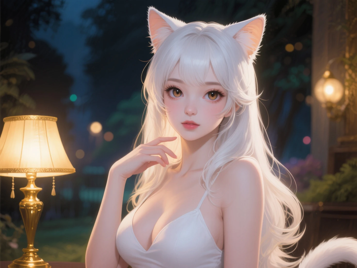 White haired cute anime girl wearing a black micro bikini with mythical fox tails, big breast, blank background