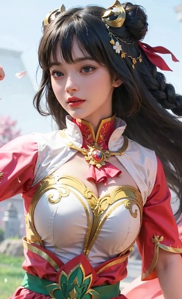 Girl, young and beautiful, big qiao, red clothes, red_dress, ((Chinese landscape background)), ((big breast, cleavage)), upper body, stars (sky), ((in the sky))) surreal, ((white gloves)).