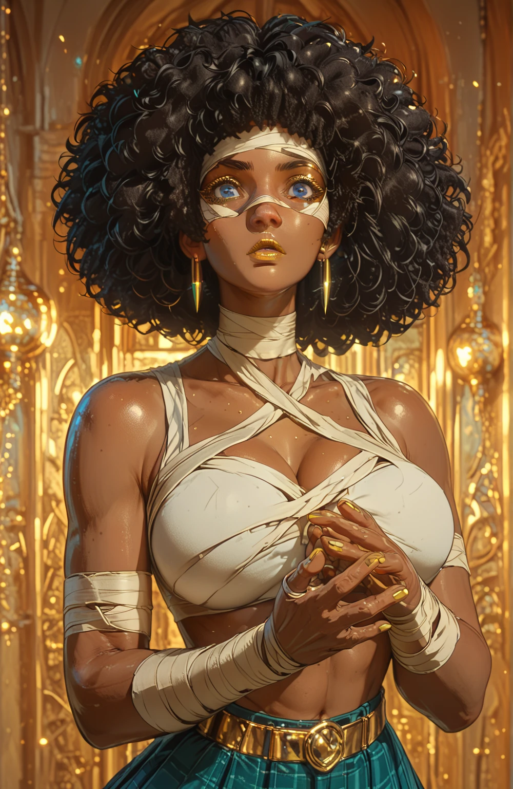 bondage mixed race woman with curly afro and strong visible chest walking on the edge of a terrace