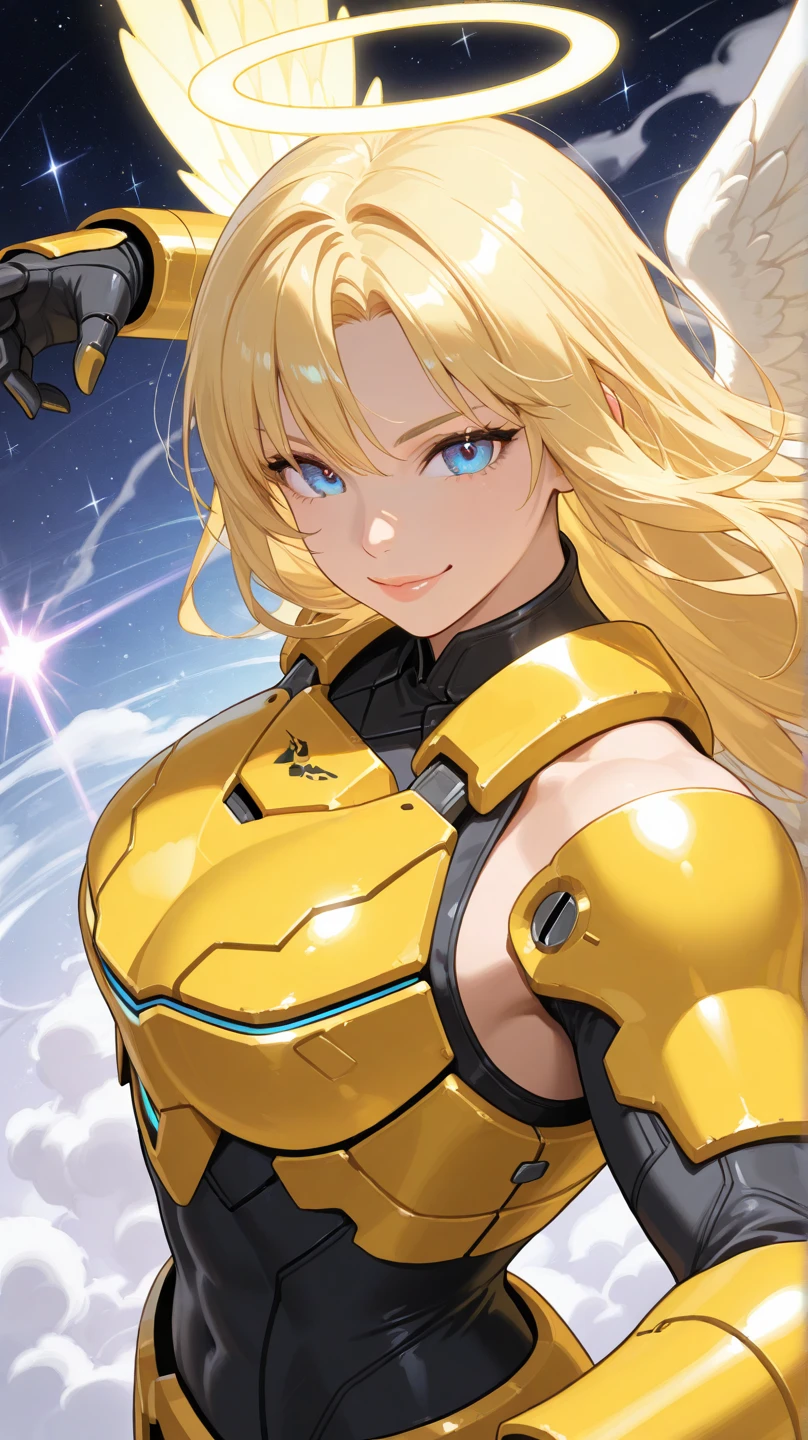 A beautiful woman wearing a shiny golden mechanical powered suit