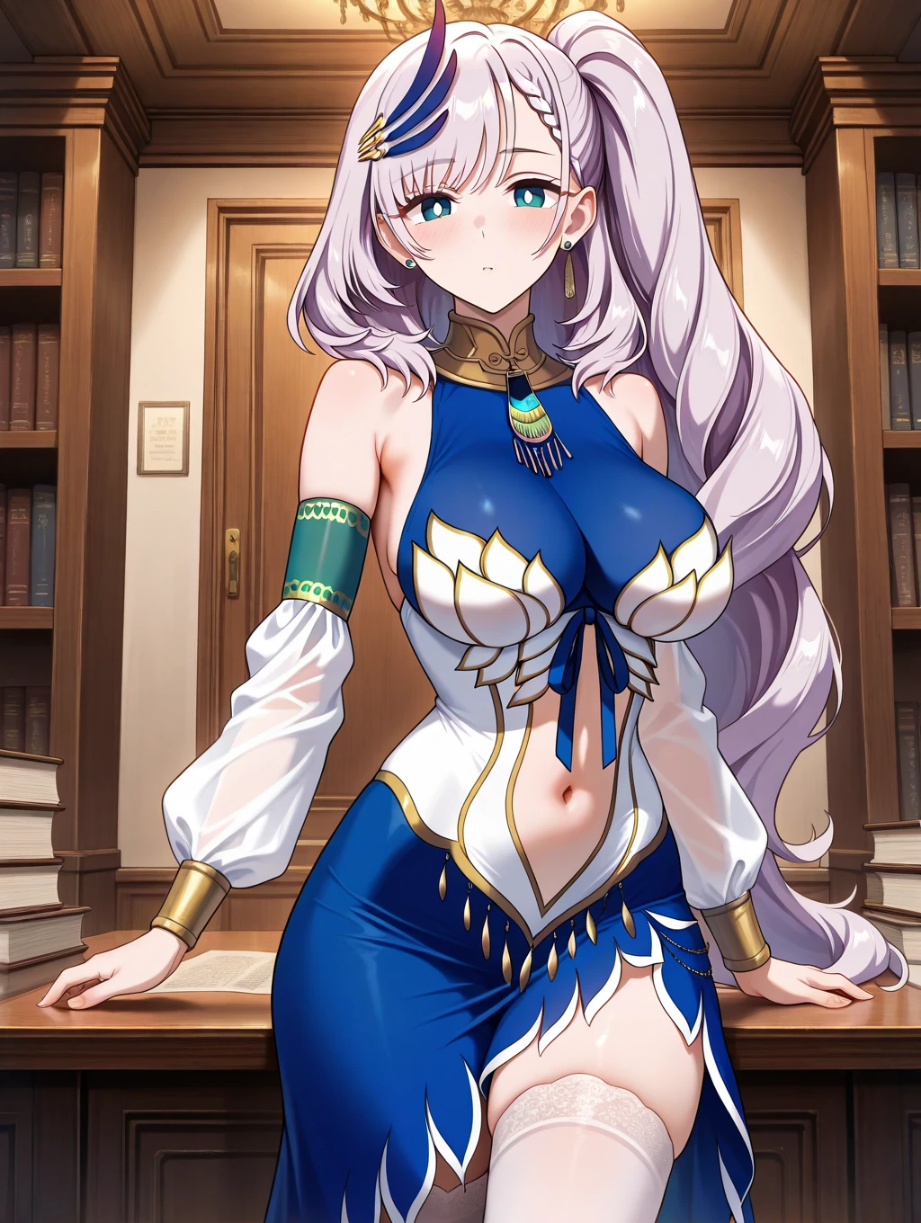 shikimori, medium breast, slim legs, blue gown, navel, skirt, standing, beautiful eyes, blue eyes, happy, arabian belly dancer, stage, sitting