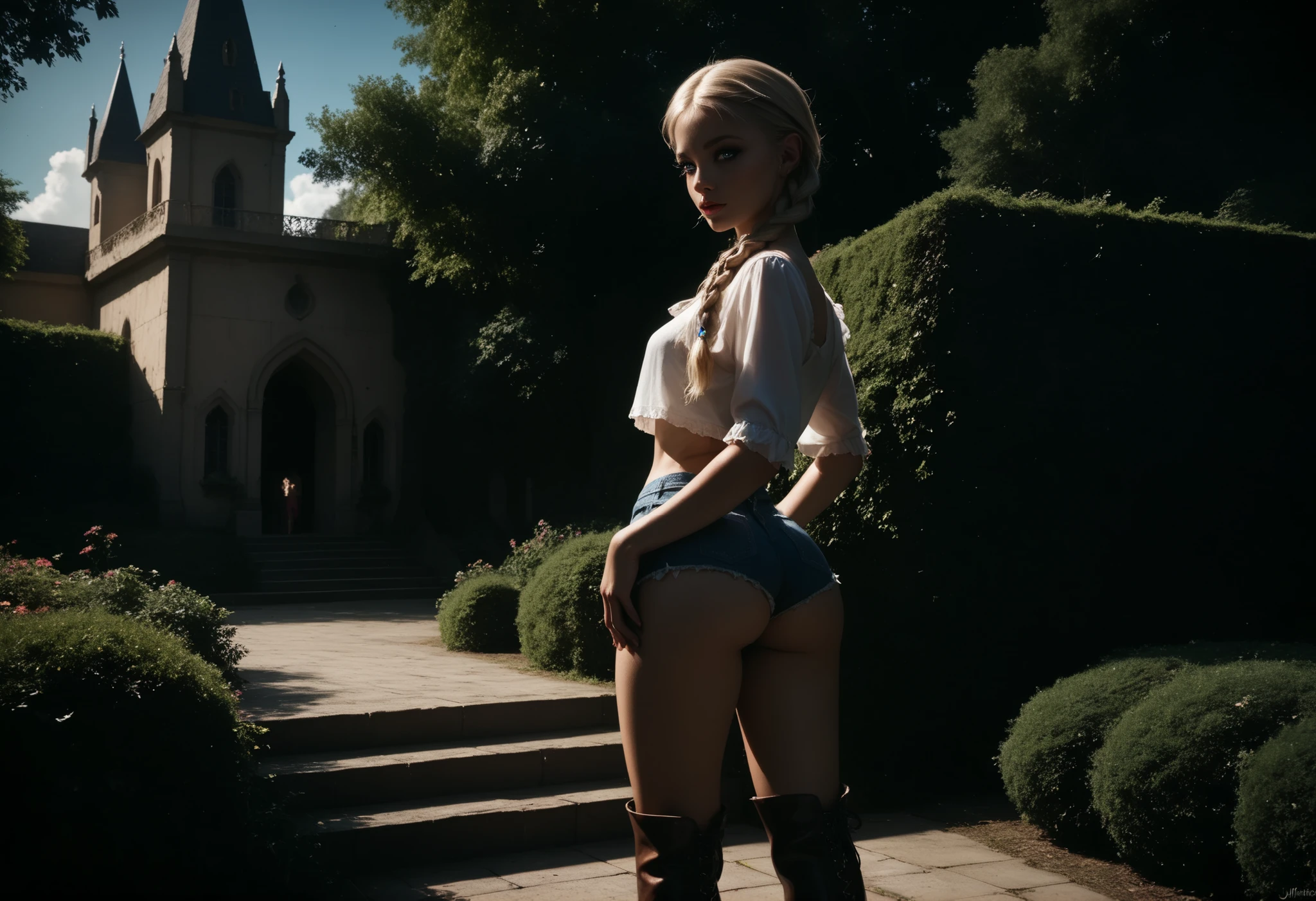 Marie Rose DOA sits half naked in a field, in revealing medieval clothes, Erotica 18+ art 3D fantasy high detail realism super realism