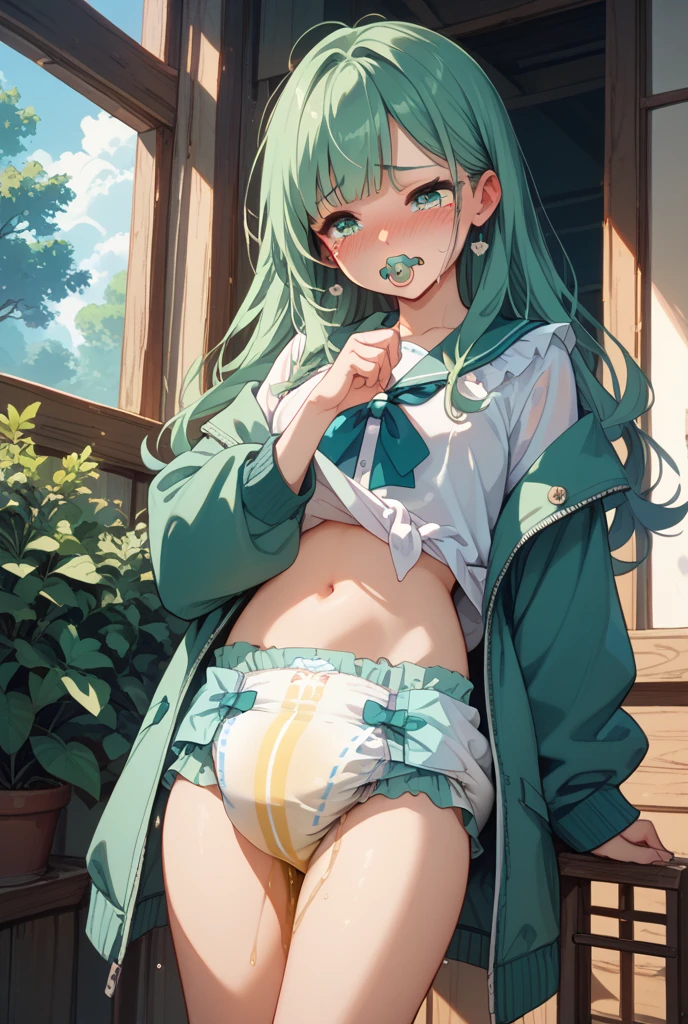 (Masterpiece), Best Quality, ultra-detailed, 1girl(zodiac_mallow, pkmnmallow , lovely small breasts, dark skin, dark-skinned female , naked body, green hair, long hair, headband, pink flower in hair, green eyes, half-closed eyes) , a seductive face, smile, parted lips, nose blush , blush, solo, head tilt,  nude,white y-shirts(buttons, open shirts), loose shirts, in the forest, night time,  tent,  campfire, standing, come-on, lure, sexy waist teasing, wet body (sweat, cum),cumdrip from her pussy, from_below 