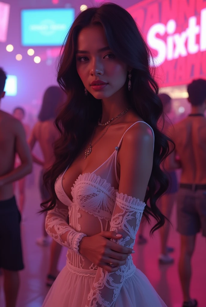 (photorealism:1.2), beautiful teen mexican girl. Shy smile.
nude, wearing loose sheer lace wrap.
crowded strip club dance floor.
Skinny girl with (small, flat chest).