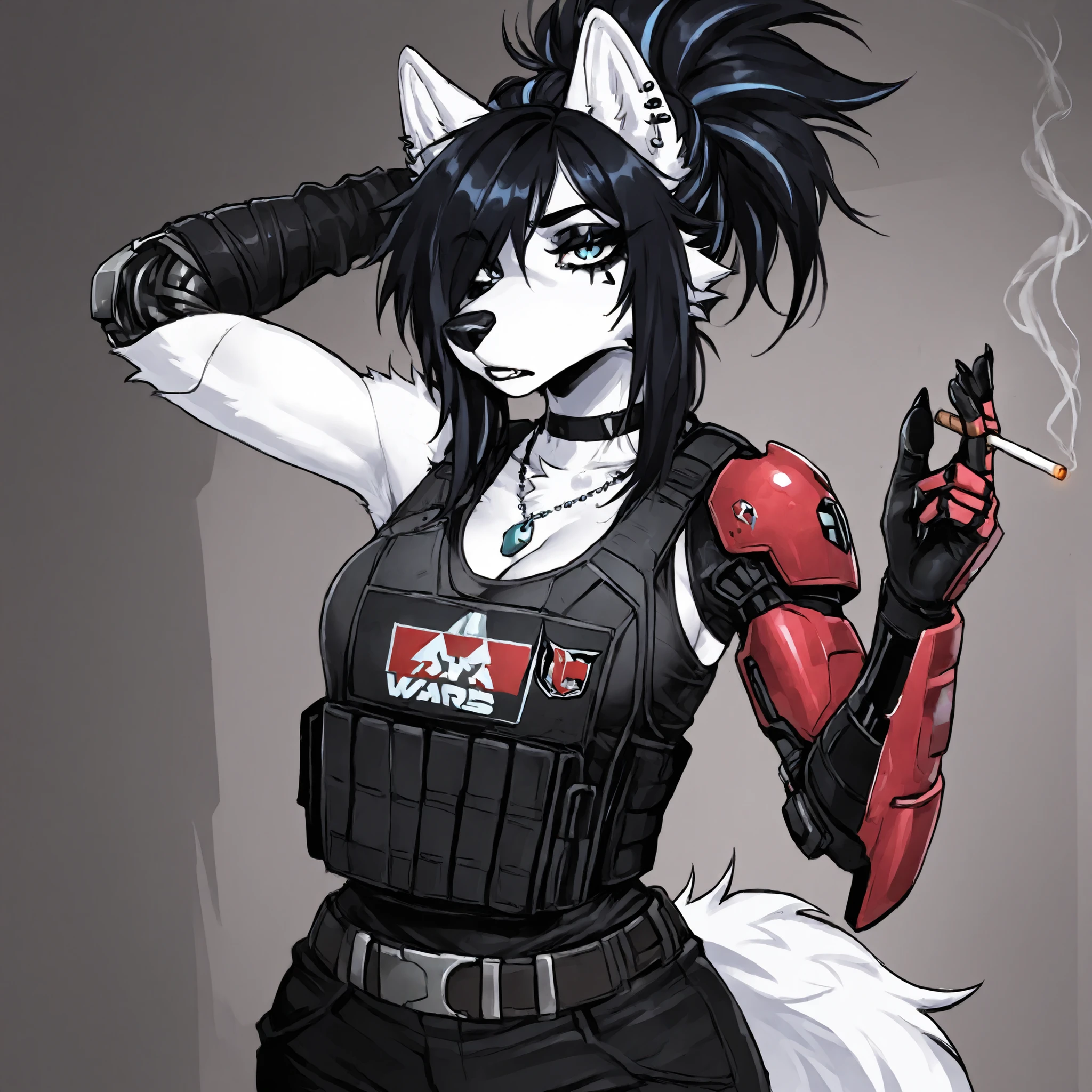 Emo Hairstyle,Source_furry, (((1girl))), furry, anthro, white fur wolf, star wars, bounty hunter, cleavage, long black messy spiky black hair, blue eyes, bulletproof vest, black eye shadow, black eyeliner, tall, curvy body, athletic build, sliver robot left arm, sliver robot left hand, necklace, smoking cigarette