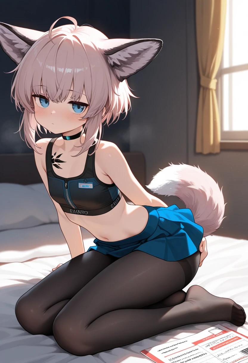 Single girl, Anime girl, Short, Long white hair, wolf ears, wolf tail, blue eyes, wearing cute pink skirt, thigh high socks, black combat boots, solo, large breasts, wide hips, thicc thighs, happy, yoga leggings, wearing cropped black hoodie, solo, alone, bedroom
