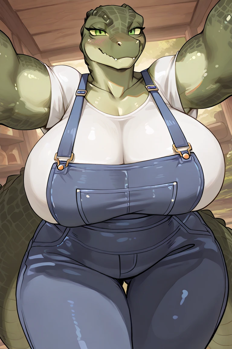 Dark green body with thin yellow stripes, pale brown belly, scales, alligator, muscular, big breasts, by bebebebebe, yellow eyes, alleyway, blue coveralls, pulling clothing showing one breast, nipple