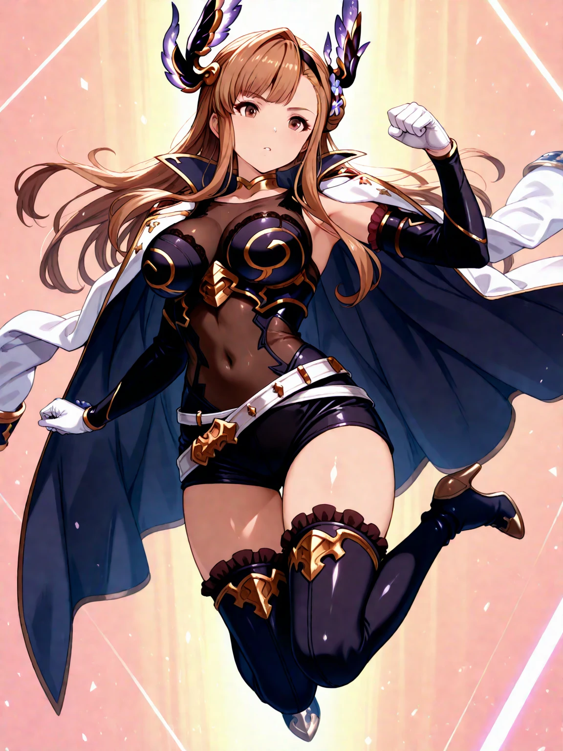 fantasy, 1angel_girl,, ,brown_hair, medium_bob_hair, long_bangs, halo,bare_shoulder,thighhighs,silver_armor, waist_armor, large_breasts,angry,grinning,open_mouth_teeth, 1pair_wings, dynamic_pose_fighting,floating, bare_crotch, headgear,gauntlet, greaves,city_sky_background,slightly_spread_legs, solo, groin_naked,dark_skin,