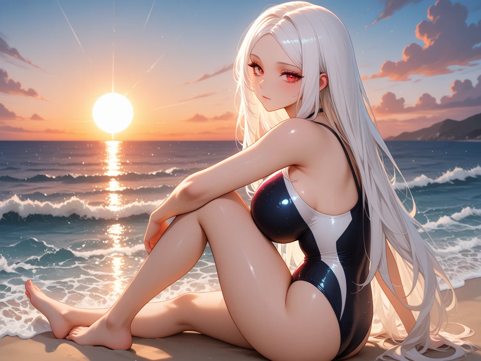1 girl、beauitful face、sexyposture、Spread your legs slightly、White undercoat、white moon on background、As estrelas、The large、(Light room:1.13)、gentlesoftlighting、(Natural skin texture:1.2)、(ultra-realistic realism:1.2)、lock focus、Sitting by the sea,knee bend、Hips facing me,,just two legs,Butt sitting in the sea,Butt contact with water,Real feet and hands,spread your legs,shy shy expression,Slender legs and waist,Wearing a light white bikini,Soaked,Sweating