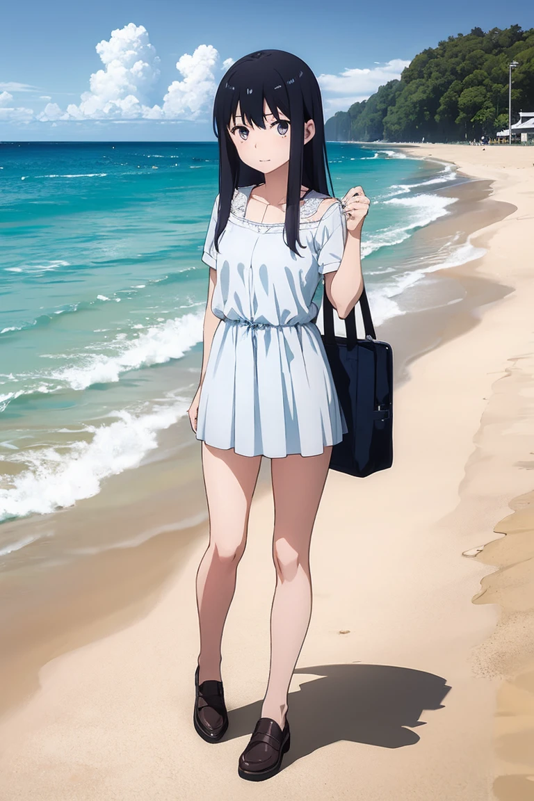 masterpiece, best quality, ultra-detailed, illustration, 1girl, solo, <lora:gundou_misuzu-04:1>, gundou_misuzu, alternate hairstyle, single hair bun, sidelocks, breasts, small breasts, collarbone, dress swimsuit, black swimsuit, looking at viewer, (full body), barefoot, standing,  outdoors, beach, ocean, sky, expressionless, (extremely detailed CG unity 8k wallpaper:1.1), highest quality, light particles, intricate (high detail:1.1), masterpiece