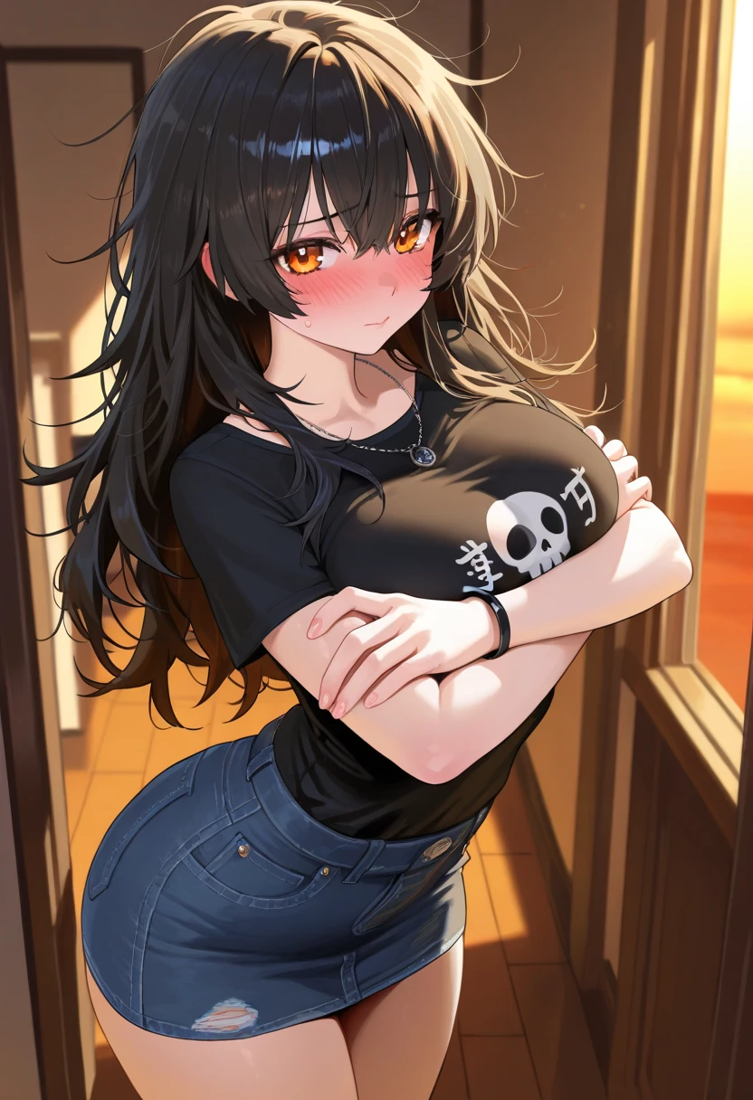 (Saggy breasts,junkotvv woman with cat ears, Red eyes, Madura,huge breasts, giant breasts),Alone,improve,joke,shadow,lip,Bright eyelashes,Brown hair,blue fur, cropped clothes,denim shorts,clothes with mistakes, tattoo, choker, bangles, belt, Sleeveless, (long wavy hair, gradation fur),naked forehead,drilling, SMILE.Oh,half eye,dynamic angle, to throw ,(navel focus, From above ),wide angle,living room, Sofa, big window,Extension,cowboy shot