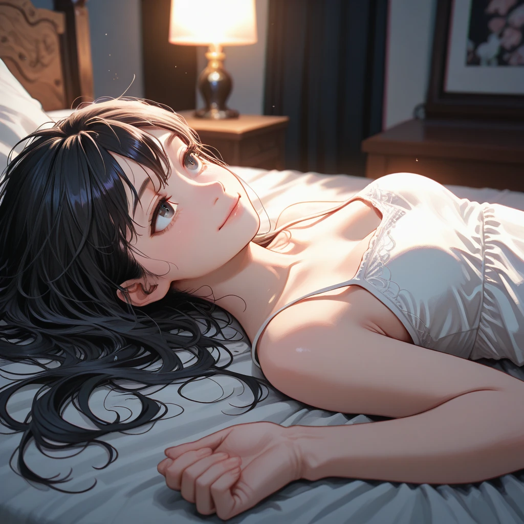 masterpiece, High resolution, figure, Kyoto Animation Style, Your Name Movie Style, night, mid-night, Light, (1girl:1.3), (alone:1.4), Long eyelashes, messy hair, medium hair, futon, Lying down, (covering chest by hand), (((in heat, aroused, wishful))), ideal ratio body proportions, sagging breasts, from above, looking up at viewer, {{{{vulgarity}}}}