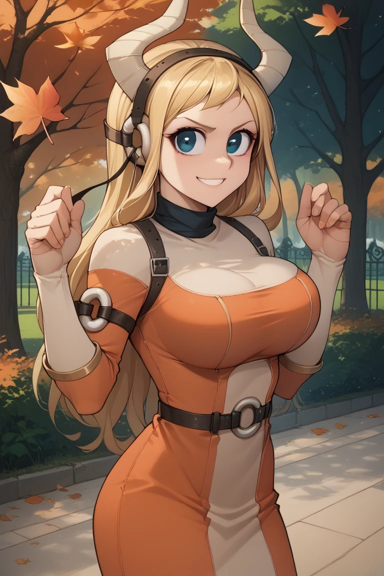 source_anime, girl  long hair, small body, blonde hair, blue eyes, large eyes, white horns, large horns, black hairband, black collar, orange dress, leather straps, leather armlet, short girl, large nose, round face, park, autumn leaves, large round breasts, smirk, looking at viewer dynamic pose, cowboy shot.  
