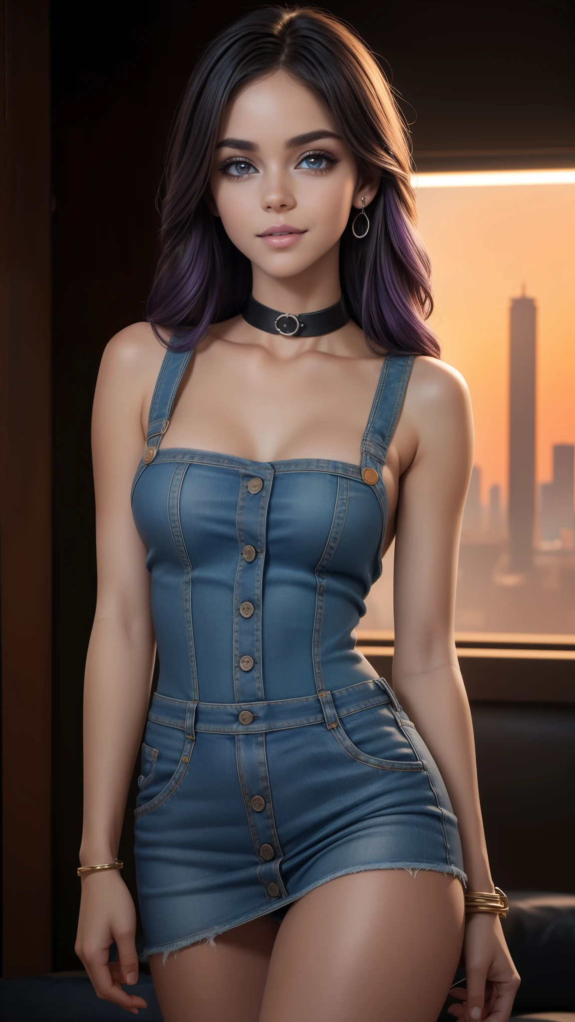8K, obra maestra, RAW photo, the best quality , Detail:1.2), Photorealistic , Fondos de pantalla CG unificados 8K extremadamente detallados, depth of field, movie light , Flash lens , ray tracing , (extremely beautiful face, beautiful lips, beautiful eyes), Cara de Detail intrincado, (( ultra detailed skin )) a girl, in the dark, purple hair, deep shadow, Korean beauty, kpop idol ,(muscular body, Very slim and slender :1.3), ((see the spectator)), (big smile), ( Injection cuff ), (neon lights), Korean beauty, earrings, bracelet, collar, shackles, light-eyed, andante, (pale skin), Face forward, (Big eyes), ((Body shot completed)), Denim bib dress with buttons, exposed panties, return, Background in a desert, Shooting in various poses.