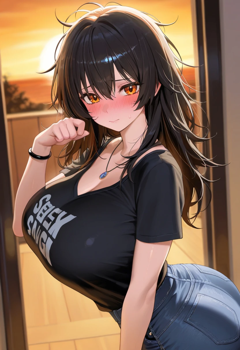 Big breasts, belly button exposed, colorful shirt, tight shirt Short sleeve jacket Underboob visible Long hair Brown Hair Twin tails Denim shorts, plump belly, downtown, night, dark skin, comfortable face, red cheeks Black knee-high boots, nipples and areola visible through clothes, angle showing the whole body, bow-legged, fingering, liquid leaking from shorts, black hair tie Grinning, top angle