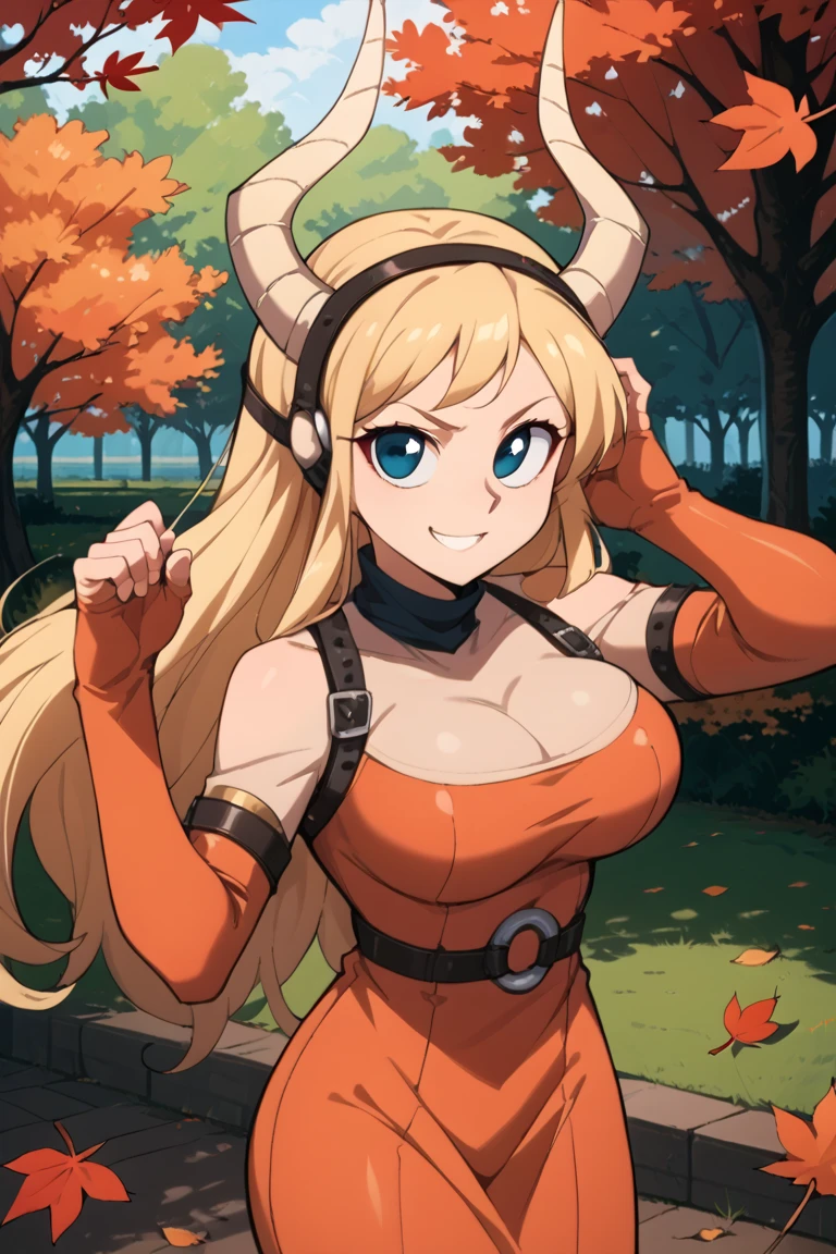 source_anime, girl  long hair, small body, blonde hair, blue eyes, large eyes, white horns, large horns, black hairband, black collar, orange dress, leather straps, leather armlet, short girl, large nose, round face, park, autumn leaves, large round breasts, smirk, looking at viewer dynamic pose, cowboy shot.  
