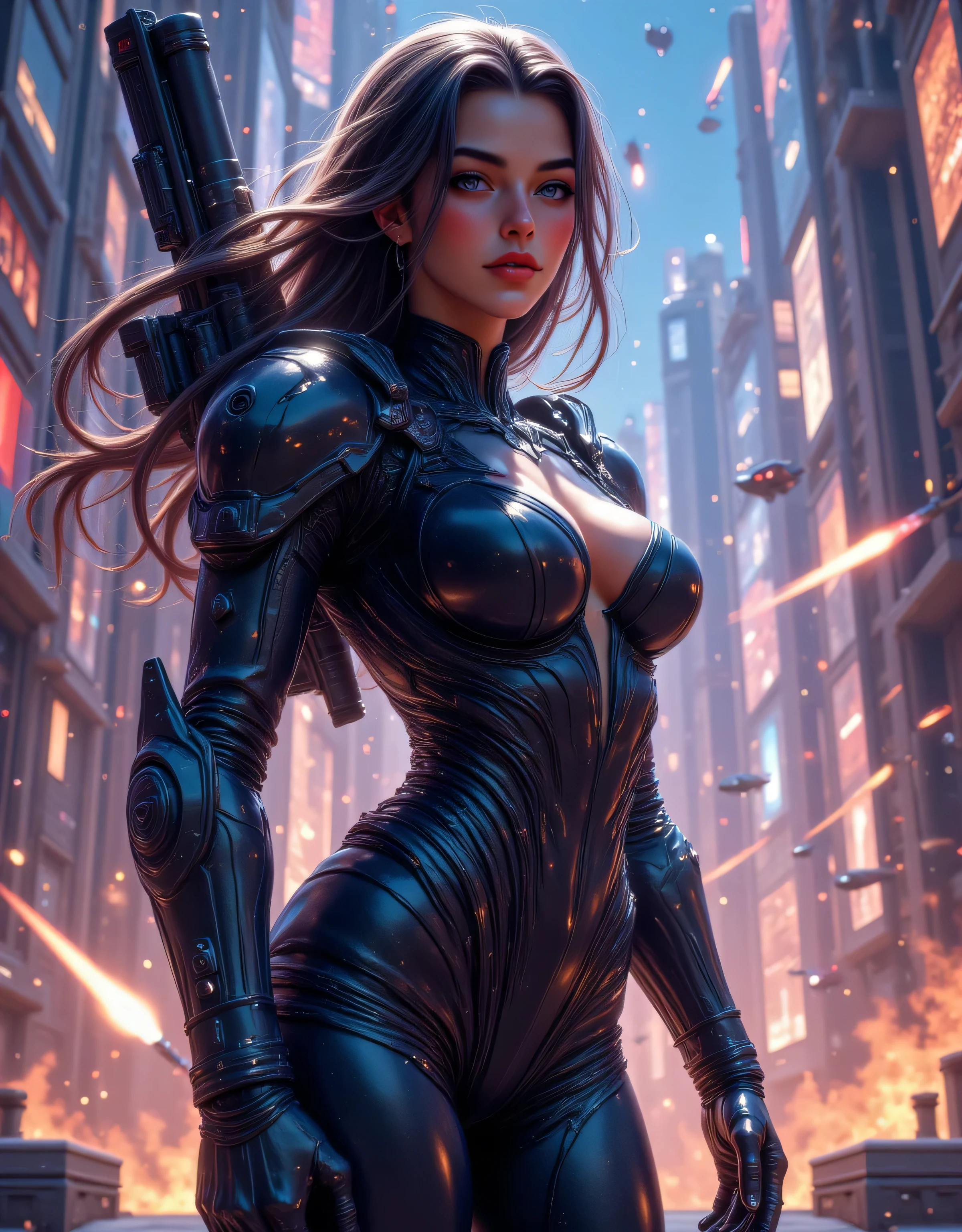 4k, comic babes, best quality, High quality ultra realistic image of a woman. The woman is a mix of Taino and reptilian. Strong features, Clear skin. dark brown curly hair, dark eyes. The woman is dressed in semi-futuristic combat gear. She has guns and knives strapped to her body. The beautiful woman has a mischievous smile. Her eyes shine with hatred.