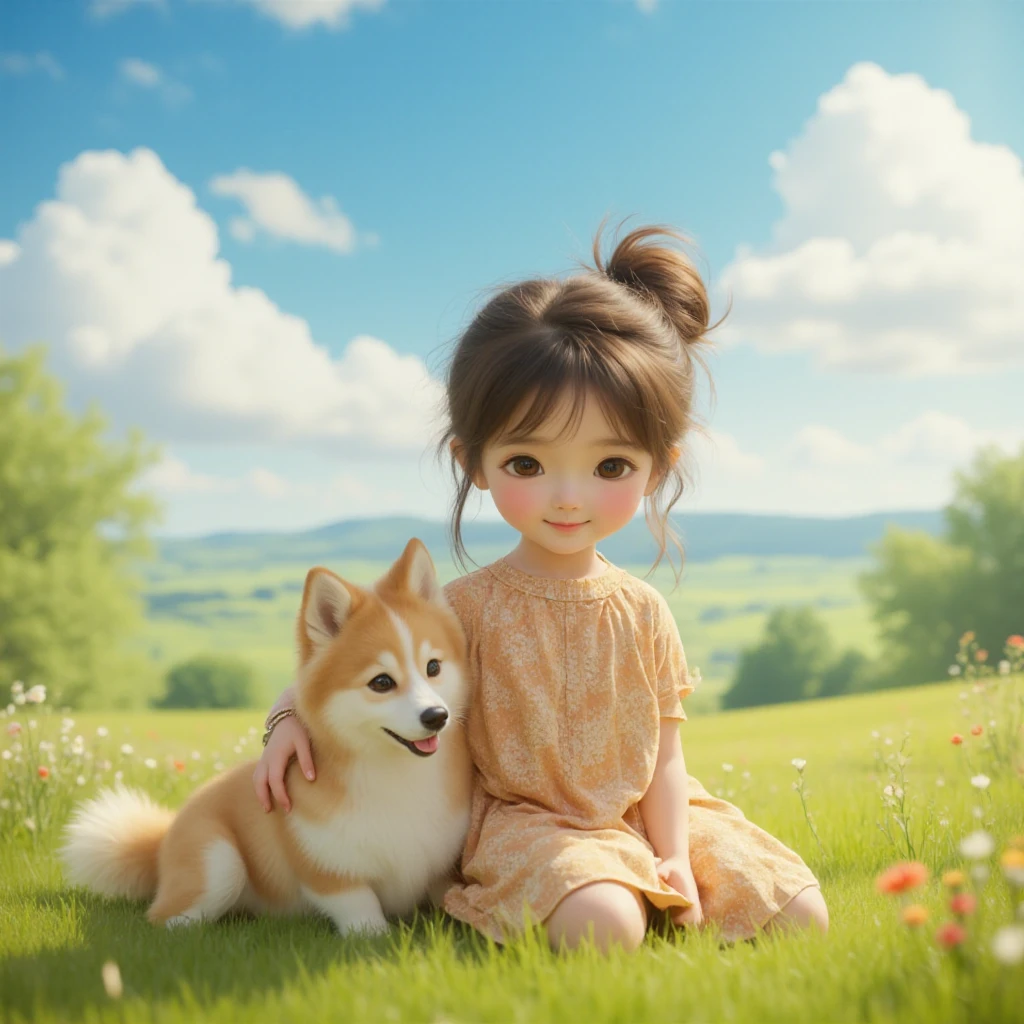 In the park in spring,pond side,A beautiful little girl in a red dress,Playing with a cute yellow and white corgi