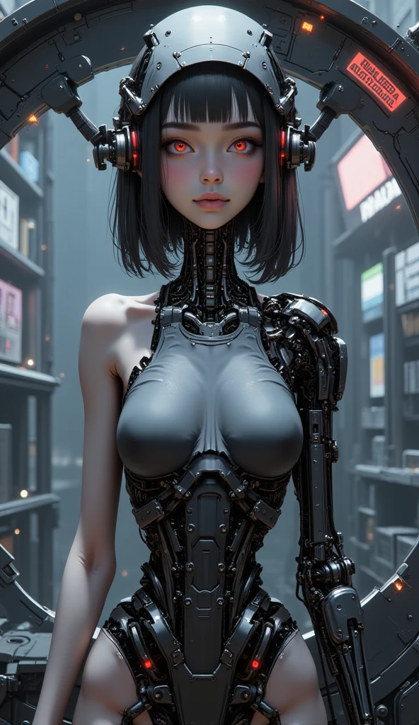 (((masterpiece))), ((best quality))), ((ultra-detailed)), (CG illustration), (an extremely devious and beautiful)), (cute desktop face), cinematic light, ((1 mechanical girl)), solo, whole body, (machine-made joints). : 1.4), ((mechanical limbs)), (bursting muscles), (blood vessels attached to tubes), (brain in containers: 1.3), ((mechanical vertebrae attached to the back)), ((mechanical cervical vertebrae attached to the neck)), ((sitting)), expressionless, (wires and cables attached to the head and body: 1.5), small breasts, short hair, (character focus), five slender fingers, beautiful fingers, science fiction, hands tied to a stool.