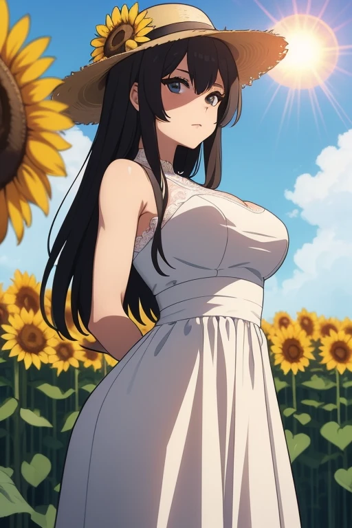 1 girl, alone,  brown eyes, black hair, long hair,half up、 (white dress:1.4),Sunflower field, Sunflower fieldの前に立つ、blue sky、very big breasts、expose one&#39;s chest、Bare your breasts、put the chest on the tray、nipples are transparent、blush、embarrassing、scared face、in trouble、smile、A lot of milk comes out of the nipples、Breast milk squirts out of the nipples、very short skirt、micro mini skirt、The shape of a woman&#39;s private parts is clearly visible、