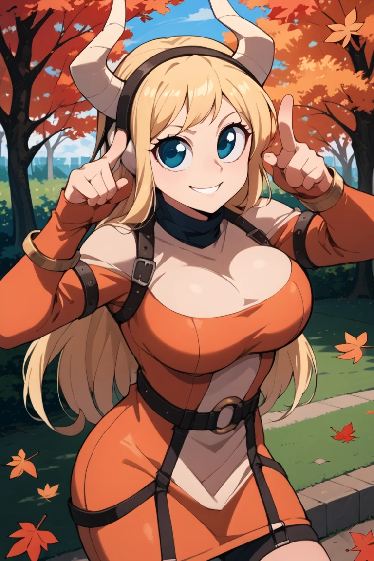 source_anime, girl  long hair, small body, cute face, happy, blonde hair, blue eyes, large eyes, white horns, large horns, black hairband, black collar, orange dress, leather straps, leather armlet, short girl, large nose, round face, park, autumn leaves, large round breasts, smirk, looking at viewer (((dynamic pose))), cowboy shot.  