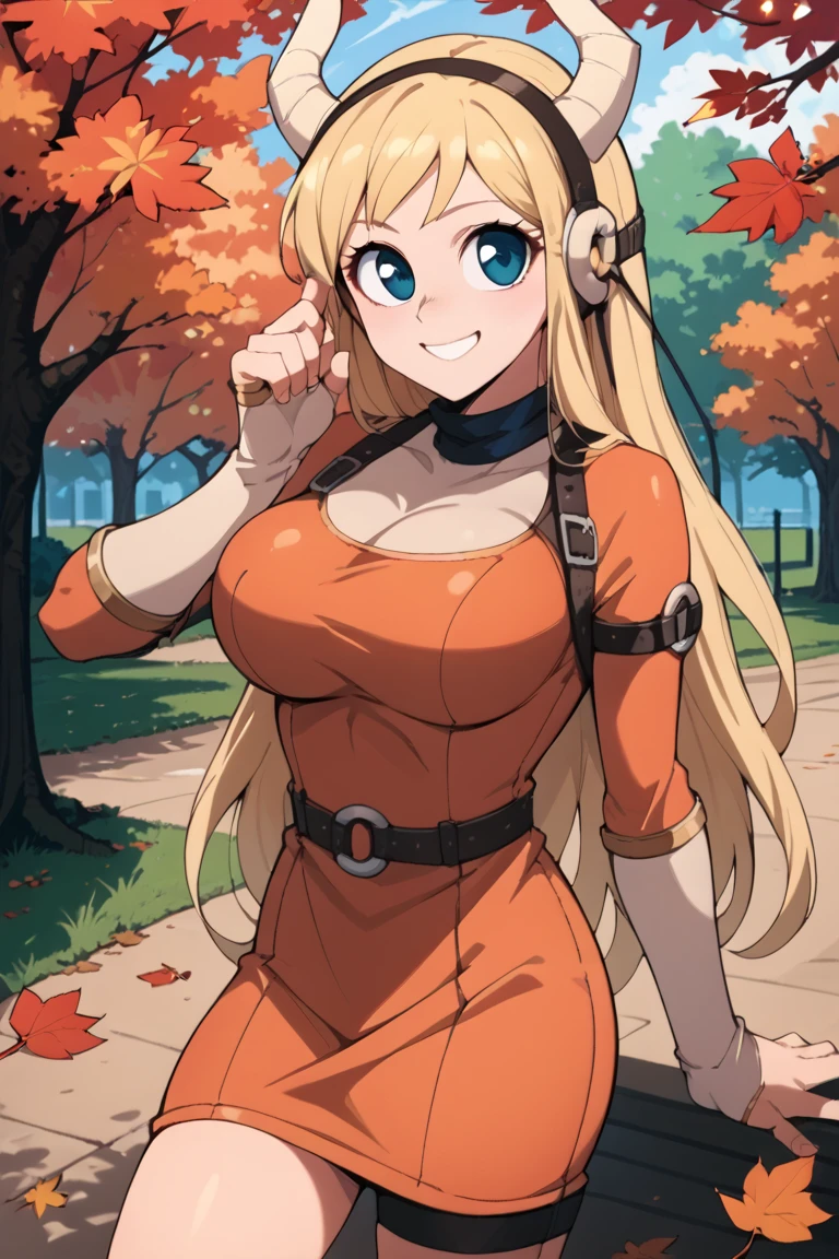 source_anime, girl  long hair, small body, cute face, happy, blonde hair, blue eyes, large eyes, white horns, large horns, black hairband, black collar, orange dress, leather straps, leather armlet, short girl, large nose, round face, park, autumn leaves, large round breasts, smirk, looking at viewer (((dynamic pose))), cowboy shot.  