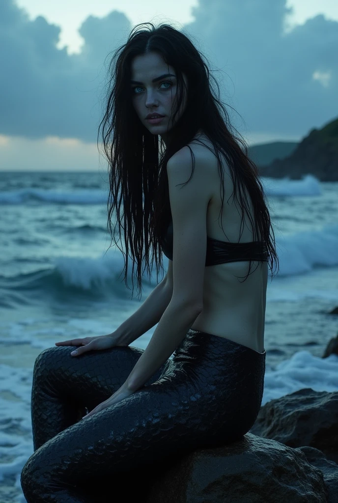 beautiful evil slavic muscular woman, pale skin, long hair, futuristic design, minimal details, photoreal, 200mm, hd, f/ 2.0, highly detailed, surreal, sitting, light smile, against the backdrop of the ocean, dark clouds and black stones, masterpiece,best quality,original photo,high resolution,Mermaid,snake,Smile,portrait,close shot,color,varied actions, cinematic, professional, 4k, (((dynamic model pose))), sitting, full body, mesmerizing, dynamic, dramatic, sensual, dynamic pose, highly detailed skin with hair, subcutaneous veins, light and shadow play, highly detailed,24mm photograph, film, bokeh, professional, 4k,