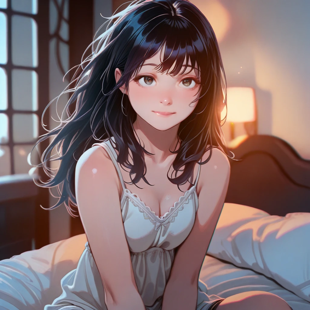 lookin at viewer,Upper Body,
Realistic, real person, (pale skin: 1.2), RAW photo, photorealistic, shiny skin, shiny hair、
(A 25-year-old woman with medium-length hair and bangs) and (wavy hair) and (brown hair) and (Orange Eyes)
, smile, blowing kiss、Winking、
Tank top,The background is the living room at night