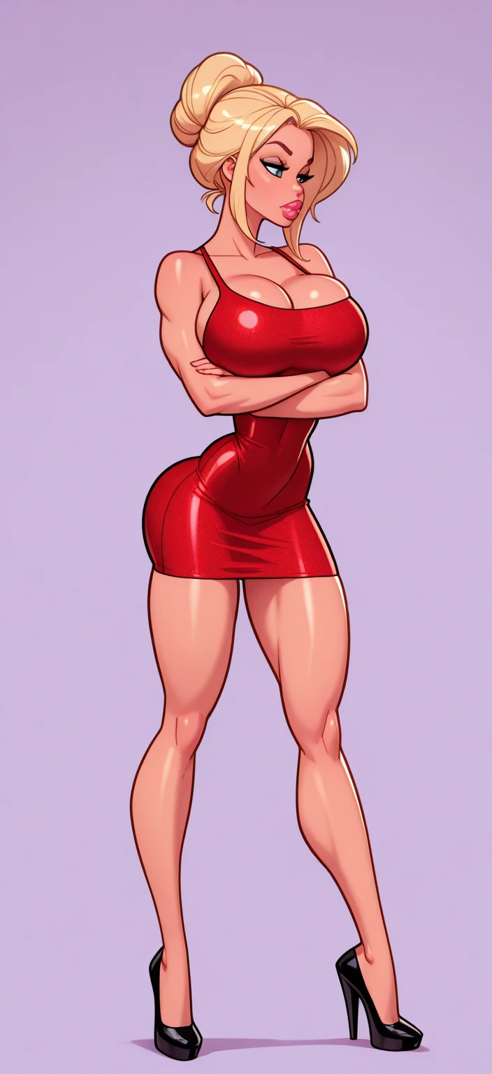 Generate an illustration of a mature Roll, gym leader of megaman , (red dress), hd, black top, white bib, holding all, de terno preto, long blonde hair, long ponytail, hair bangs, fringes, shiny hair, (gigantic breasts:1.4), outfit in anime format with a serious style, boots, make up, masterpiece, dark lighting, black background, puffy lips,(slendered abs), beautiful face,
