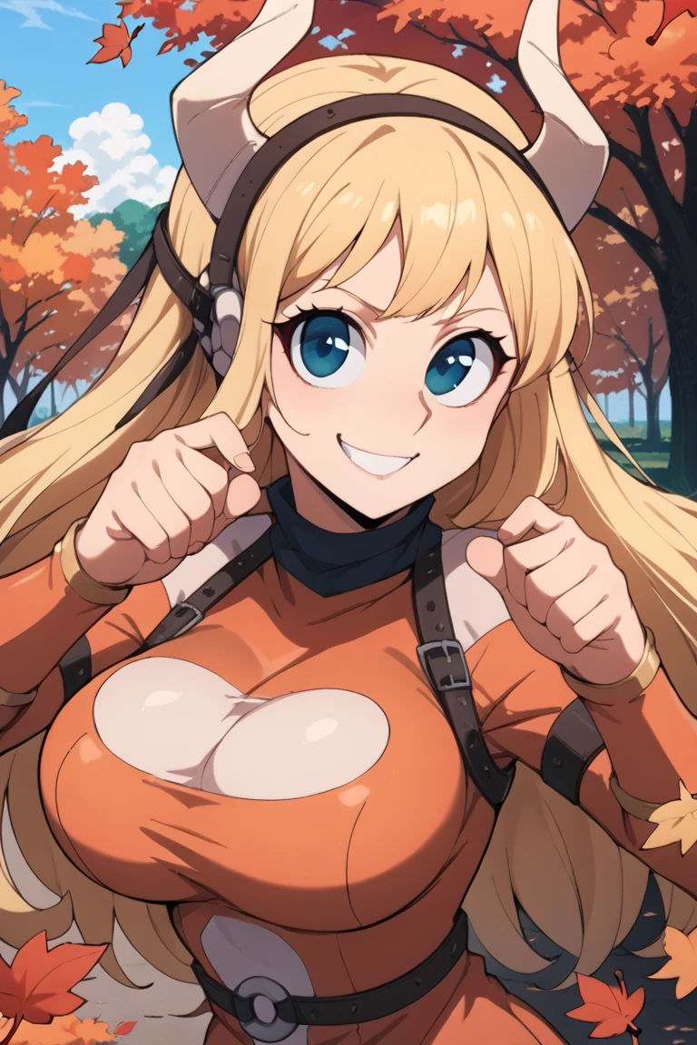 source_anime, girl  long hair, small body, happy, blonde hair, blue eyes, large eyes, white horns, large horns, black hairband, black collar, orange dress, leather straps, leather armlet, short girl, large nose, round face, park, autumn leaves, large round breasts, smirk, looking at viewer (((dynamic pose))), cowboy shot.  