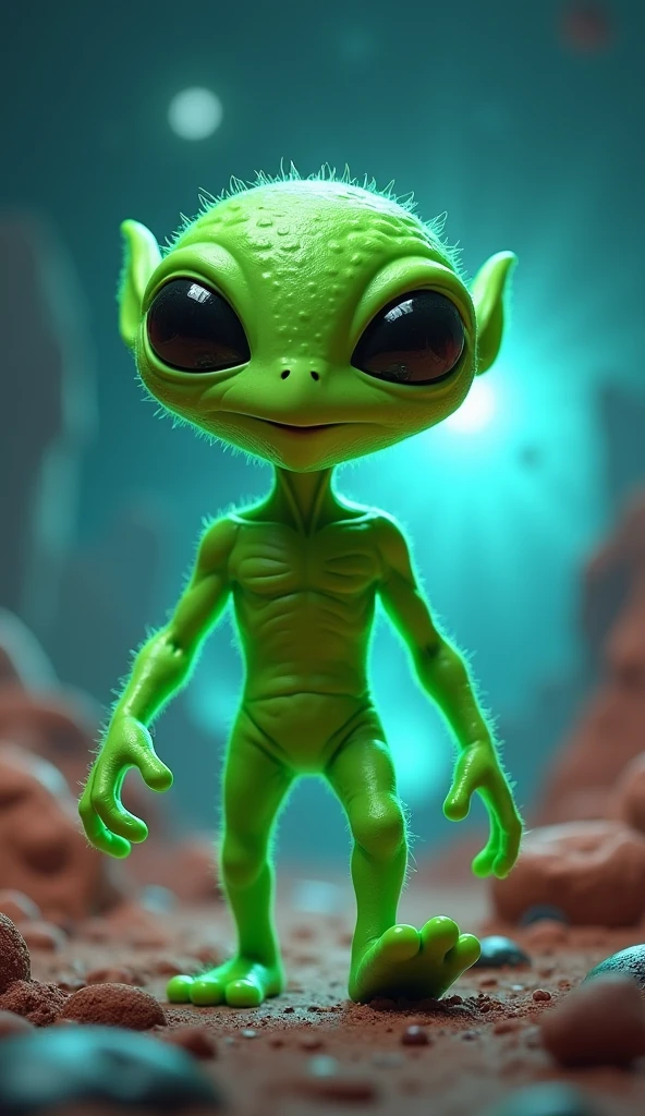 A small green alien, looking curious with large black eyes, standing in a wheat field at night, bright stars overhead, mystical purple lighting, light bokeh effect, retro analog photograph, dreamlike and imaginative, HD resolution