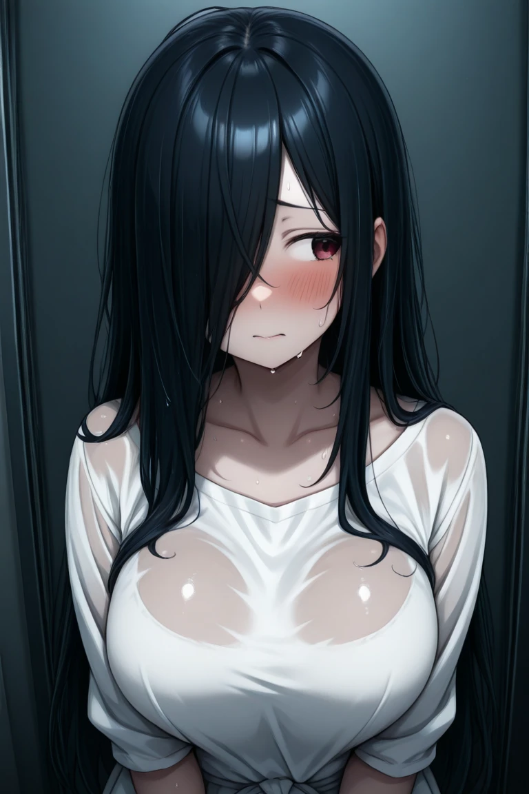 (masterpiece), best quality, expressive eyes, perfect face, yamamura sadako, 1girl, sadako, (hair over eyes:1.4), dark theme, curvy, dark atmosphere, cleavage, closed mouth, oversized white dress,cowboy shot, sexy, (pale skin:1.2), grey skin, (sagging breasts:1.2), (huge breasts:1.3),