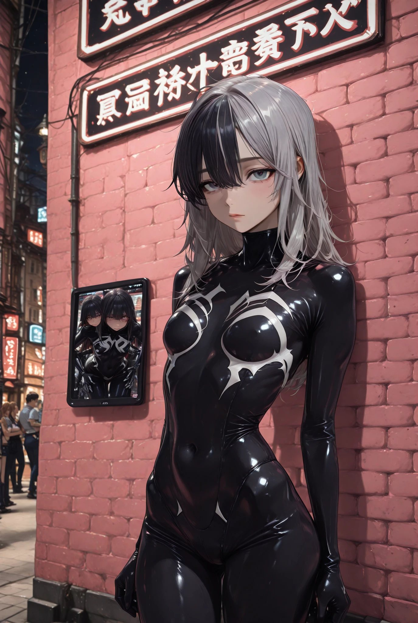 ((perfect anatomy:1.2,realisitic:1.3,raw photo:1.3,artwork、higher quality、Ultra - high definition、high definition、Highly detailed computer graphics、8 thousand.)),((best quality)), nsfv, small breasts, Rounded breasts, Pronounced clavicles , skinny arms, smooth stomach, visible pelvic bones , whole body, short disheveled hair, gray hair with black strands, hair combed back, image of female Venom from Spider-Man, white symbiote costume, realistic shadows, detailed leather, Very small breasts, Rounded breasts, Very detailed, very detailed face, perfect face shape , [perfect lips, perfect nose, fix beautiful eyes, best quality, very revealing clothes, slutty costume , unpacked, ((backend types)),black hair strands, against a brick wall in a dark alley, backend types, slavic face, Night, neon lights , backend types , shows off his hips, everything on the web, spider web suit , stuck to the wall, Cyborg costume,