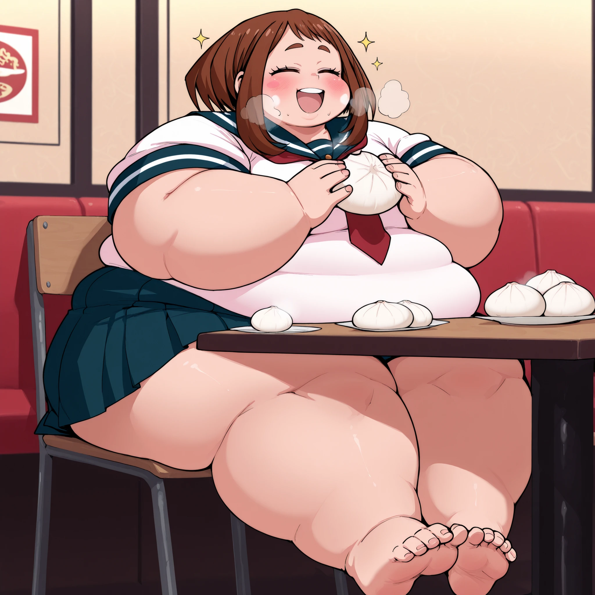 score_9, score_8_up, score_7_up, source_anime, 1 girl,  solo, Uraraka Ochako, brown eyes, brown hair, school uniform, sitting, chair, table, plate, baozi, holding baozi, happy, , puffy cheeks, restaurant, blush, smile fat, chubby, obese, gigantic arms and legs, large breasts open mouth, out of breath, sparkle, smile, showing feet, closed eyes,