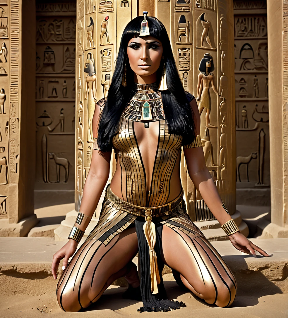 Cleopatra, the legendary Egyptian queen, famed for her irresistible allure, is depicted in the scene, blending her signature fragrance with an air of mystique and grace. Surrounded by an abundance of exotic oils and spices, she masterfully infuses the finest ingredients into a small earthen bowl.
Her long, auburn tresses, adorned with golden beads and jewels, cascade down her back like a wealth of precious treasures. Cleopatra's deep, enchanting brown eyes are filled with determination and passion as she delicately crushes the cinnamon, rose, and myrrh with a golden pest