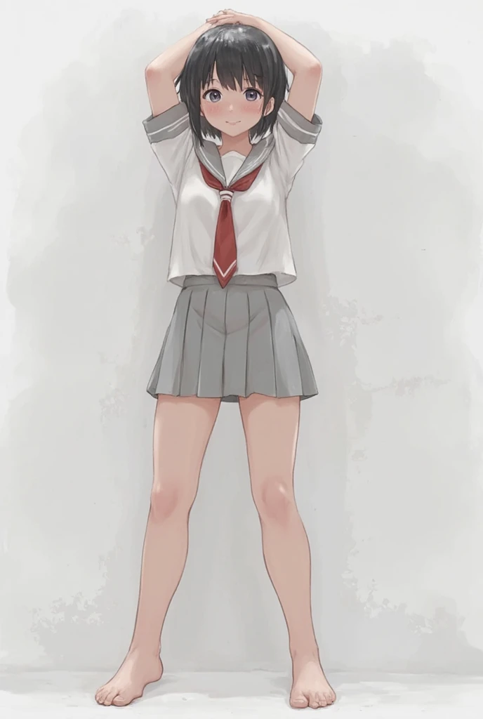 using pantimedies, wavy black hair, piercing look with deep red eyes, average stature, Silky hair with a ponytail hairstyle collected with a red bow with two white lines, with clothes, has a vagina, has breasts, cup of breasts, small breasts, slim, foreground, Session, sitting in her room, standing in his room, wearing pantyhose, using pantimedies, Picardias, short skirt, shoes, blouse with straps, blush, opening her legs making her panties visible, open legs, perfect white panty, Skirt fluttering in the wind, grabbing the skirt with both hands, from below