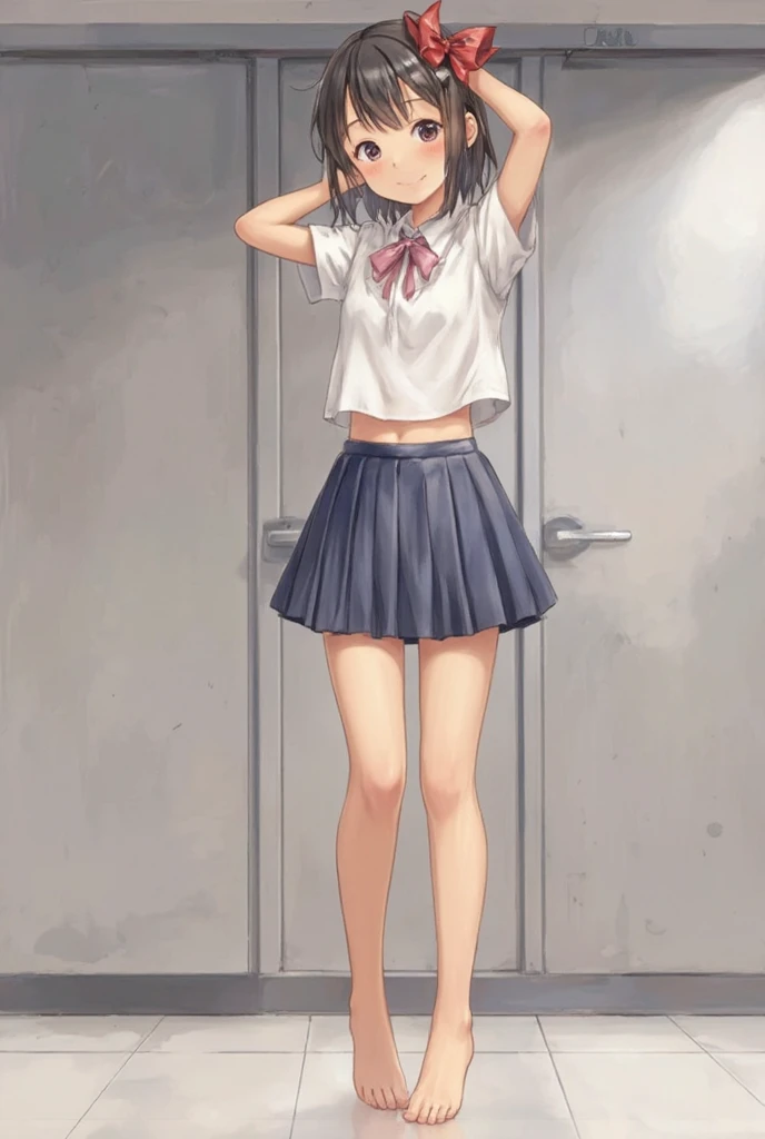 best quality,masterpiece,1girl,solo,(((NSFW))),(((9years old))),japanese girl,an extremely cute and beautiful girl,highly detailed beautiful face and eyes,petit,cute face,lovely face,baby face,shy smile,show teeth,black hair,medium long hair,Hairless pussy,flat chest,skinny,slender,(((wearing a wet transparent white short shirt and grey mini skirt))),(((standing in a school yard))),she is looking at the viewer,hands lift up dress,(upskirt above the waist:1.1),(no panties:1.1),(legs spread wide:1.1),(no bra:1.1)