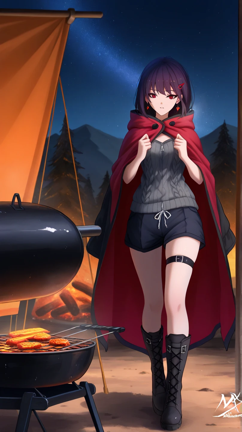 (masterpiece:1.2, best quality), (highly detailed:1.3), 1girl, 17yo girl, (white panties), (red hoodie), backpack, walking, from behind, dark forest, dark, night, wolf with glowing eyes,