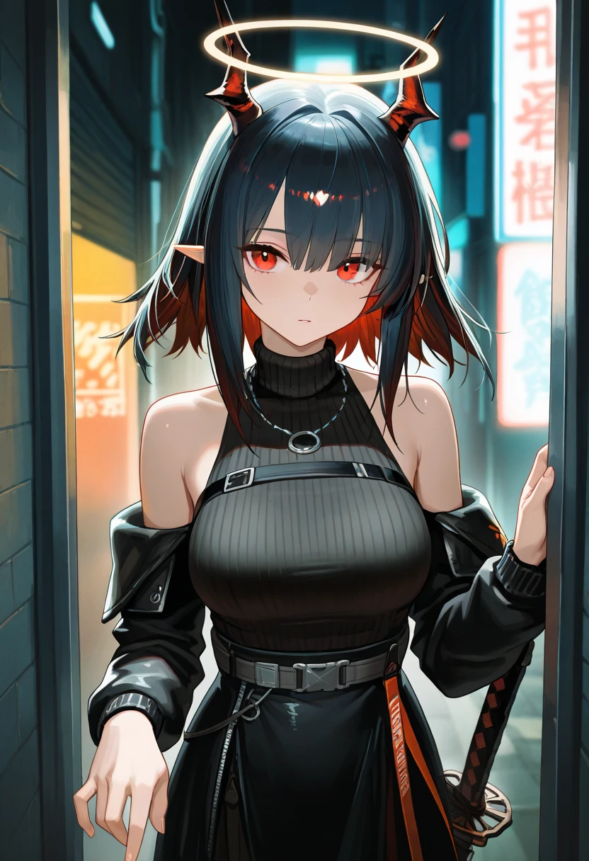 black eye.smile, Inner Color, Hide your ears, Long Hair, chest, Redhead, ,cute,Rifles,Aiming red eyes, Bob Hair, Navy Blue Hair, 大きなchest, Portraits, cute.Black Ninja Uniform,knife,Cut and run　Two people　female　Highway at night