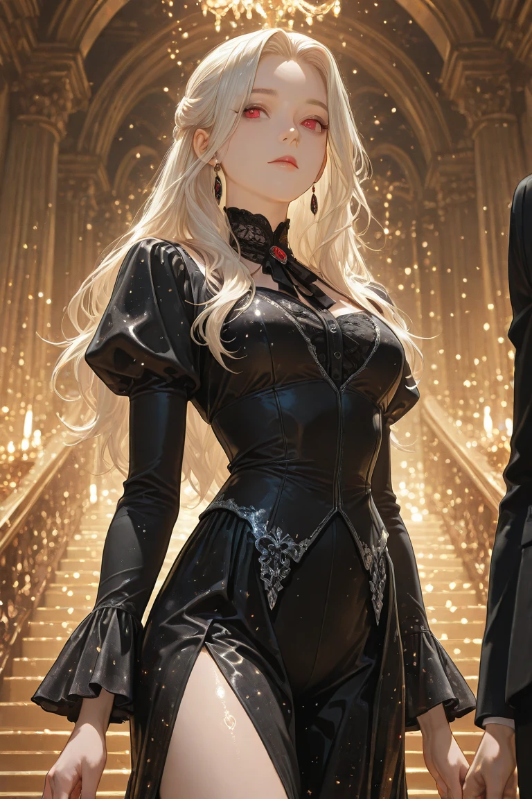 (8k, RAW photo, best quality, masterpiece:1.2), modelshoot style, (dark shot:1.5), Stunningly attractive woman with blonde soft hair, (victorian style:1.2), victorian dress high detailed and intricate, long curly hair, dramatic pose, (soft warm skin with wax effect:1.3), pastel, (glossy lips and the tip of the nose with bright small glare:1.4), (bright highlights:1.6), detailed eyes, (soft volumetric light:1.5), (subsurface scattering:1.5), wax, (night light:1.6), global illumination, Soft Shadows, (dark background with cool lighting:1.0), bokeh, Charlie Bowater, stanley artgerm lau, a detailed painting, fantasy art, artstation, trending on Artstation, art like midjourney and Rutkowski, hyperdetailed, insane details, intricate details, (oil painting:1.5), (digital art:1.5), glare on the corneas of the eyes, round pupils, refraction, screen space reflections, screen space ambient occlusion, (hdr:1.4), full body shot, (gold jewelry with amber gems:1.1)