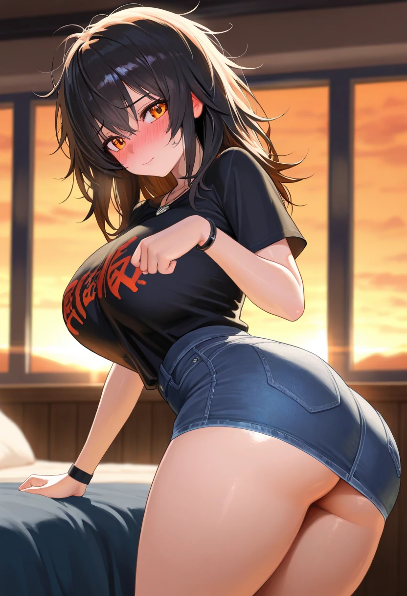 Big breasts, belly-baring shirt, tight shirt Short sleeve jacket Underboob visible Long hair Brown Hair Twin tails Denim shorts, mini shorts, plump belly, downtown, night, dark skin, comfortable face, red cheeks Black knee-high boots, nipples and areola visible through clothes, angle showing the whole body, bow-legged, fingering, liquid leaking from shorts, black hair tie Grinning, top angle, hands in pants
