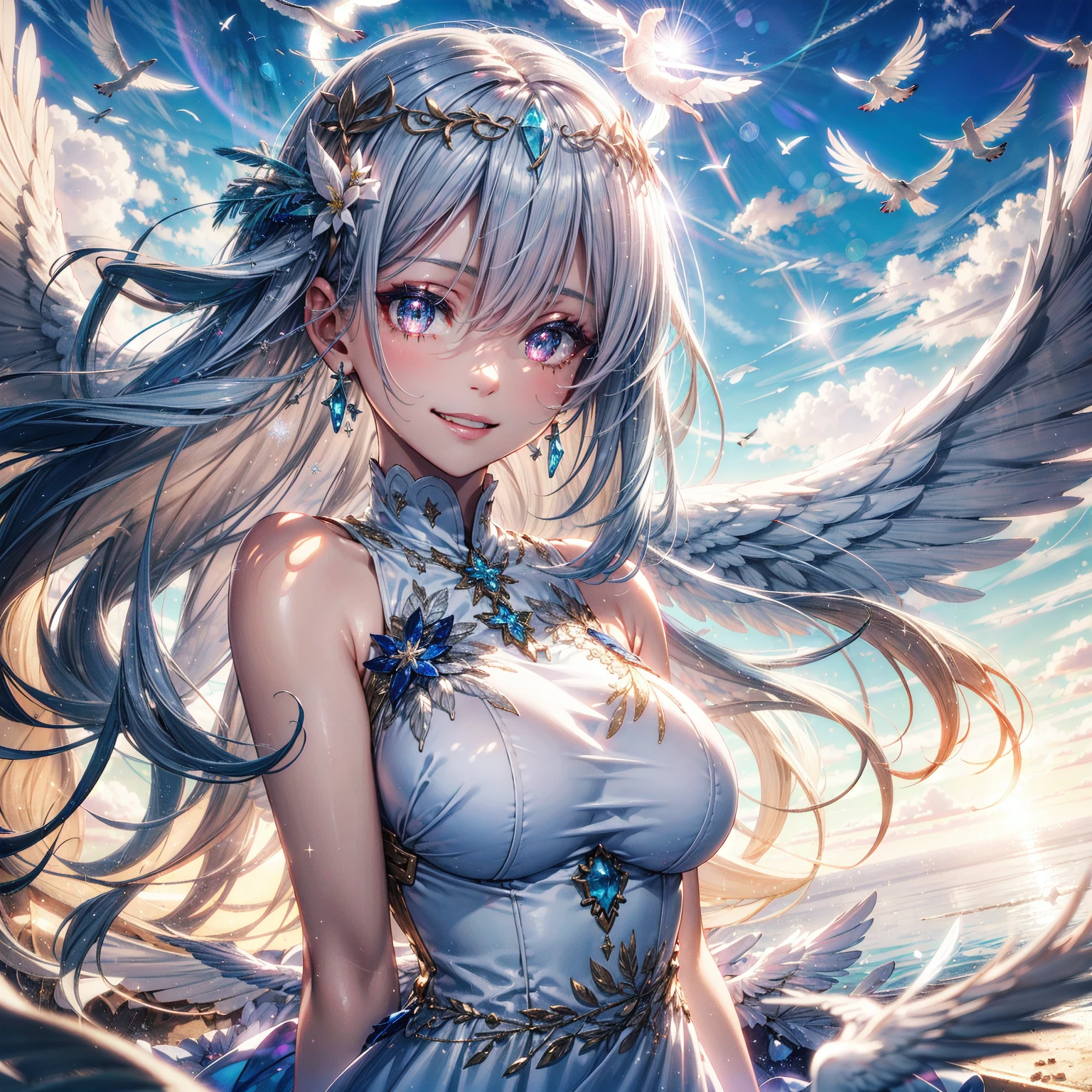 light particles, (glow light:1.2),(1 angel girl:1.2),26yo,cool, adult face,beautiful face, (close up on face:1.1),(medium small breast:1.1),(huge angel wings:1.2),(wild smile:1.2), silver long hair, silver color eyes, detailed eyes, (huge bright halo:1.2),(halo with decorations:1.2),close up on face,(jewelry on hair:1.2), (hair decoration:1.2),(glitter on dress:1.2),(detailed decoration on dress:1.2),(reflection on dress:1.2),(Strong wind blowing), flying in the sky, , (day light:1.2), (heaven on background:1.2), huge sky, a lot of clouds,(sun light:1.2), (lens flare:1.2), (a lot of silver feathers flying:1.2), ,(white doves flying:1.2)