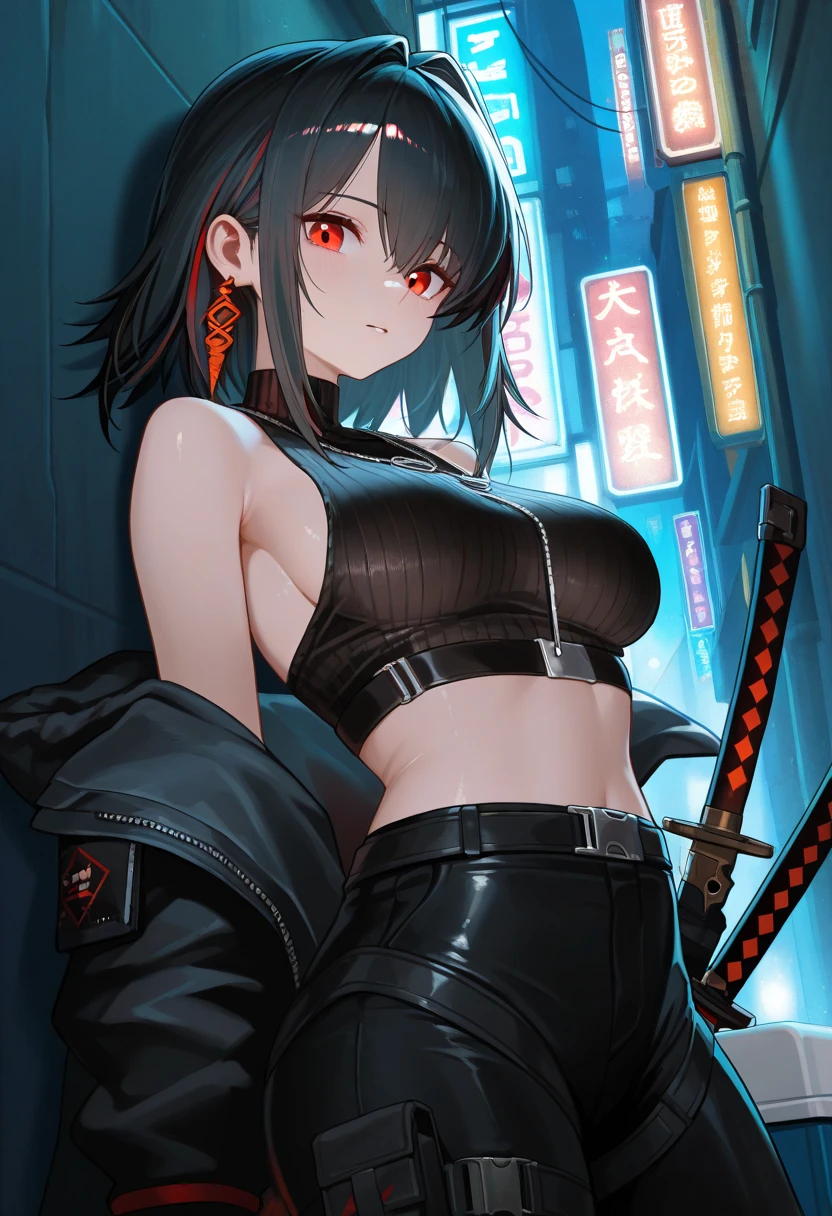 Artwork, une fille, regard agressif, Red eyes, black hair tied, two sabers in the back, dressed in black, tattoo, gangster, Yakuza, Aesthetic, cyberpunk, seductive cyberpunk dark fantasy, Threatening
